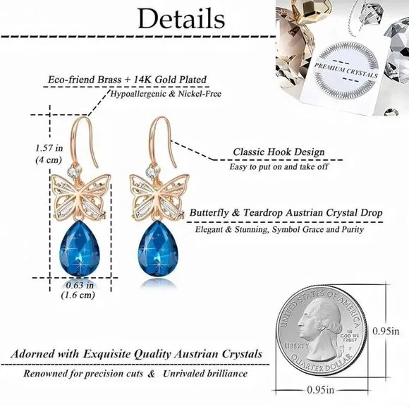 14K Rose Gold with Bermuda Blue Austrian Crystal Butterfly Teardrop Earrings